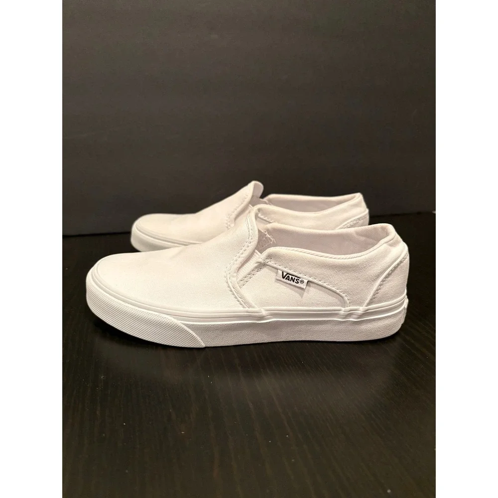 Vans Women Slip On Sneakers Classic Canvas Size 5.5 White Low Top‎ Skater Shoes